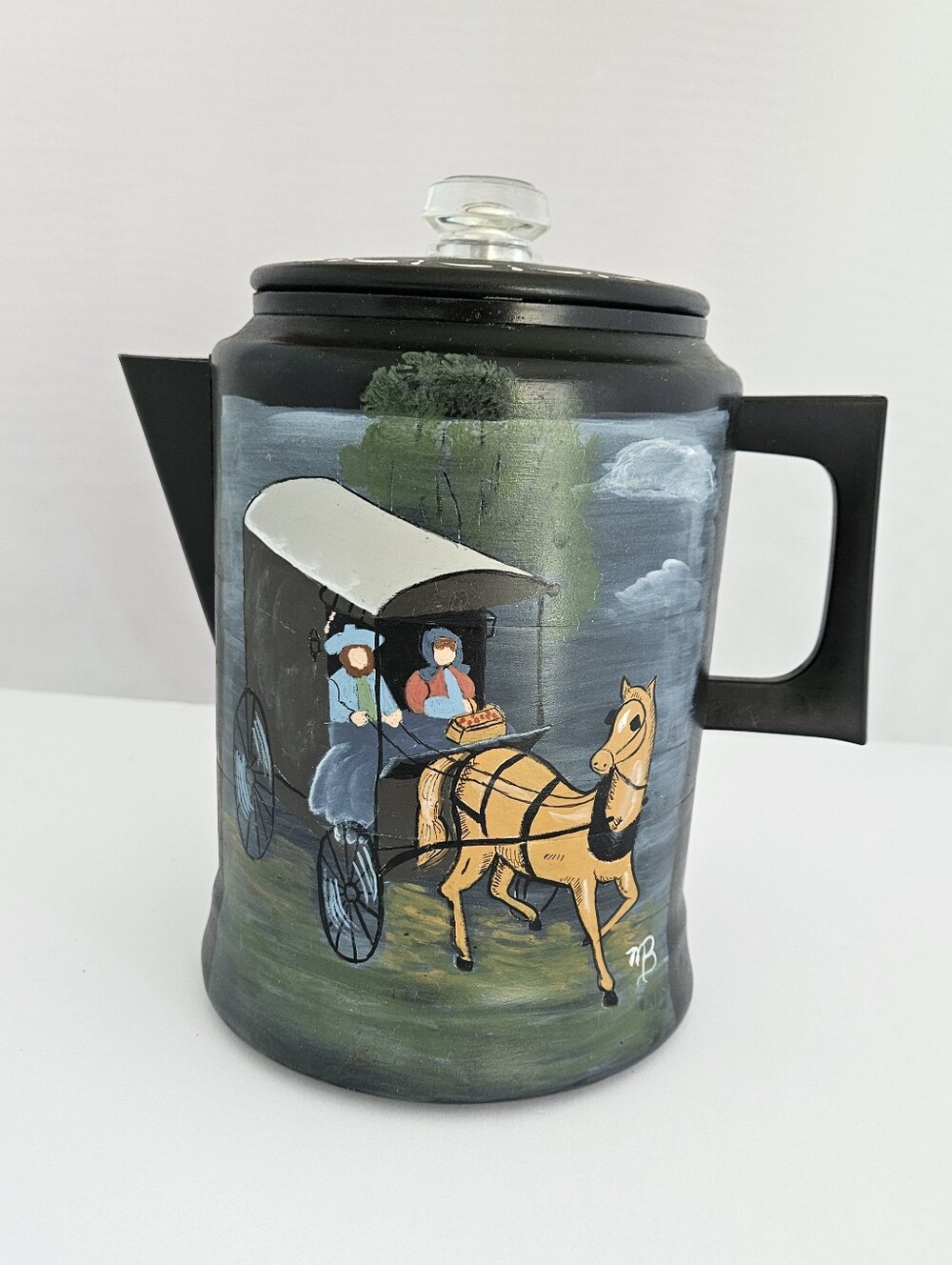 Vtg. Comet Aluminum Coffee Percolator,  Hand-Painted Amish Buggy Collectable